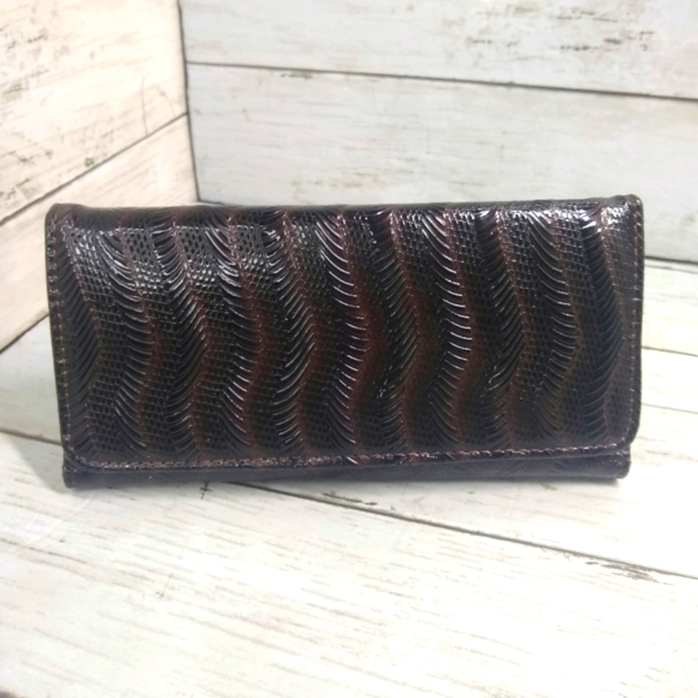 Vgn Lthr Snap Trifold Brown 7.5"L Checkbook Cover Slots Zip Coin Pocket Wallet